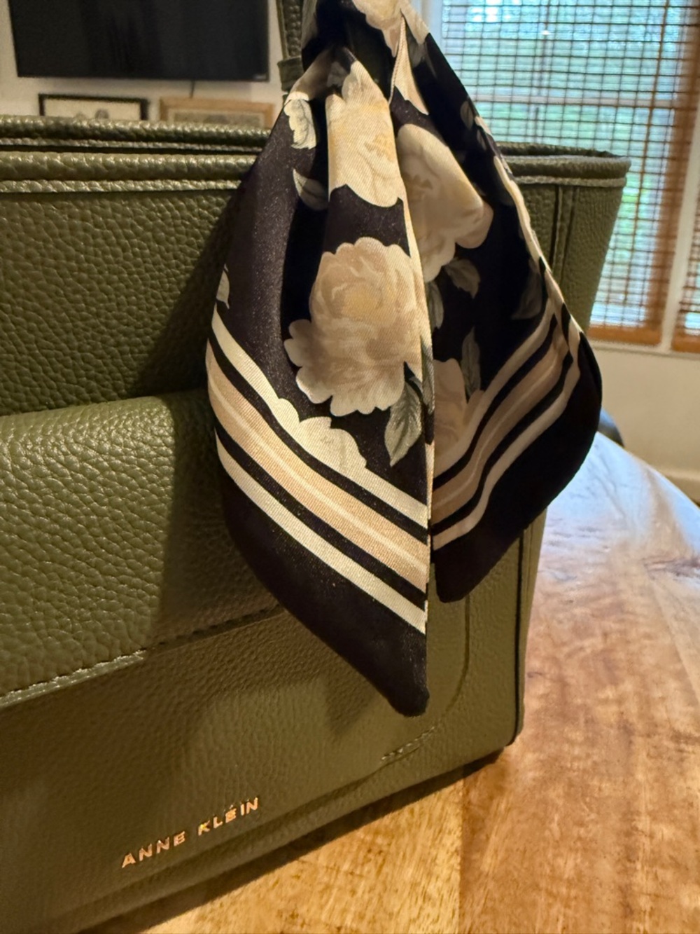 Anne Klein Olive Pebbled  Tote with Floral Scarf Accent